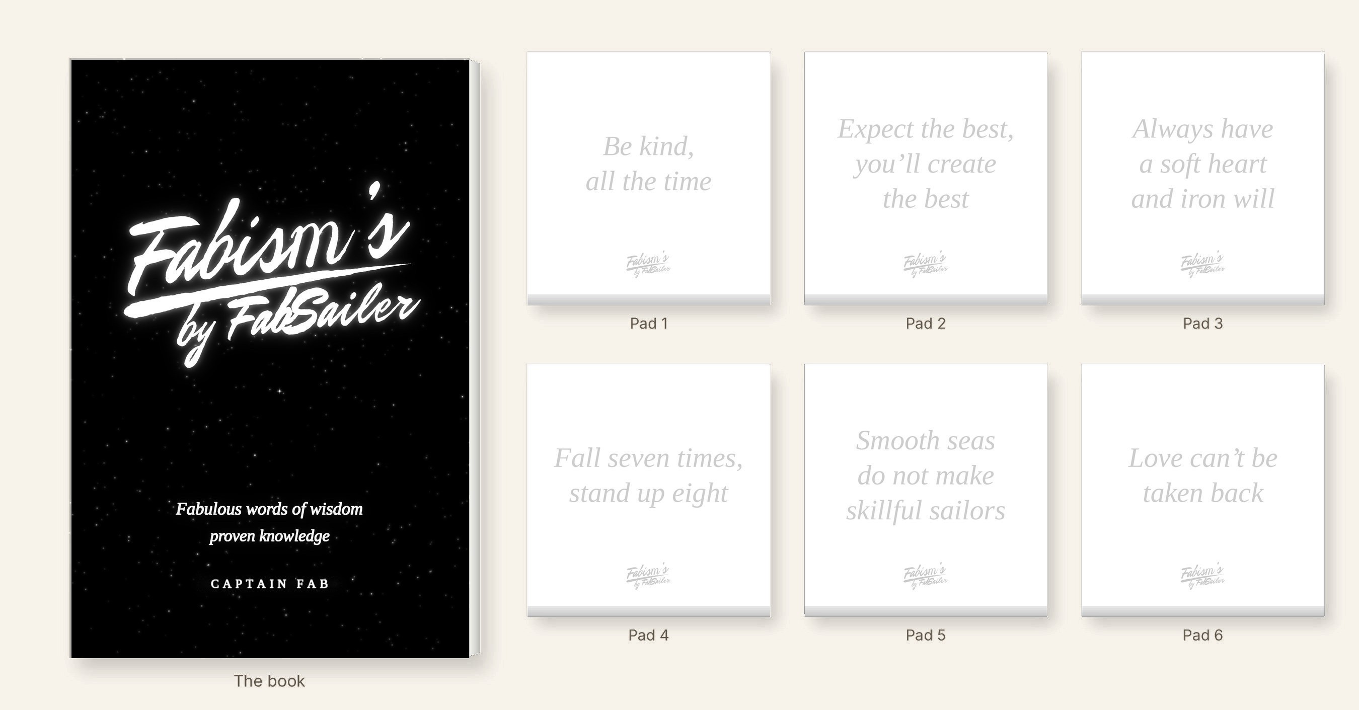 The Fabisms paperback, with its black starfield cover and Fabism’s by FabSailer logo, beside six white Fabisms sticky-note pads labeled Pad 1 to 6, each printed with one Fabism in faint gray